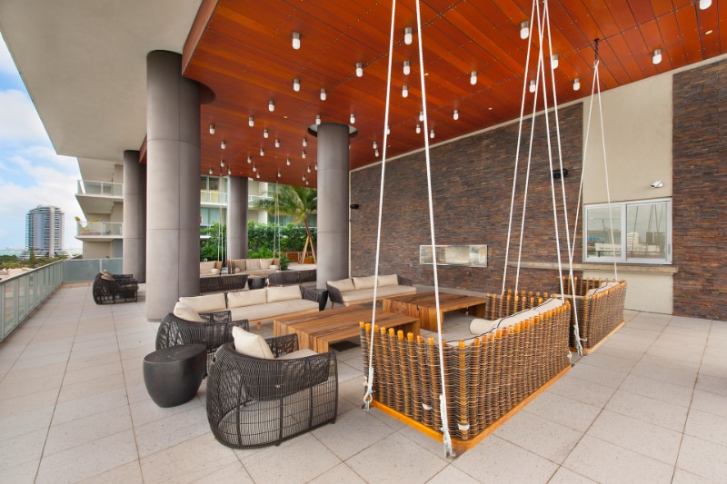 Outdoor terrace with modern seating and ambient lighting