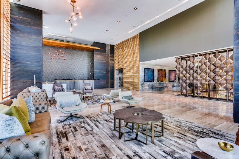 Luxury resident lounge with modern furnishings and artistic design